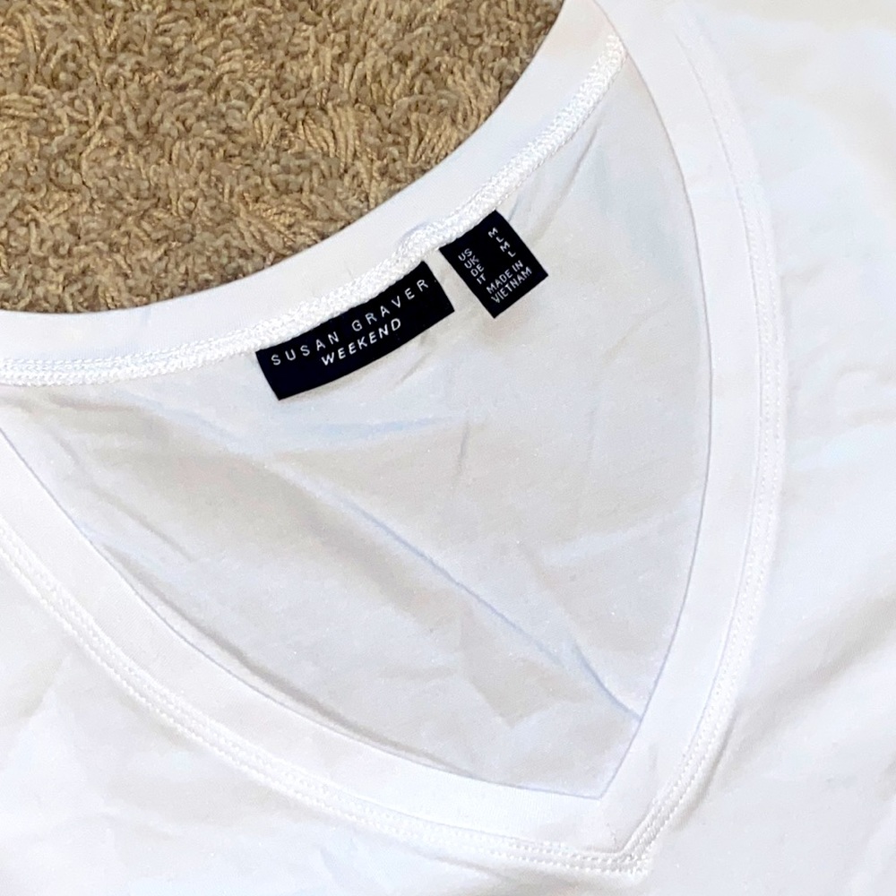 Susan Graver Weekend Cotton Modal Elbow Sleeve Top with Crochet Trim ~ White - Picture 5 of 7
